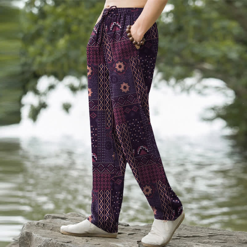 Buddha Stones Cotton Bohemian Floral Geometric Pattern Men's Tapered Pants With Pockets - image 7