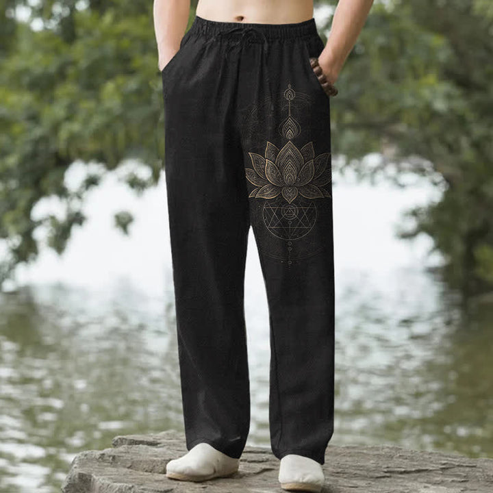 Buddha Stones Cotton Lotus Mandala Pattern Men's Tapered Pants With Pockets - Black - US/UK/AU50，EU60 (5XL) - image 0