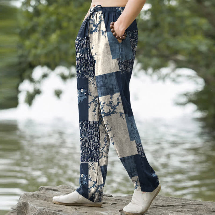 Buddha Stones Cotton Patchwork Wave Floral Pattern Men's Tapered Pants With Pockets - image 1