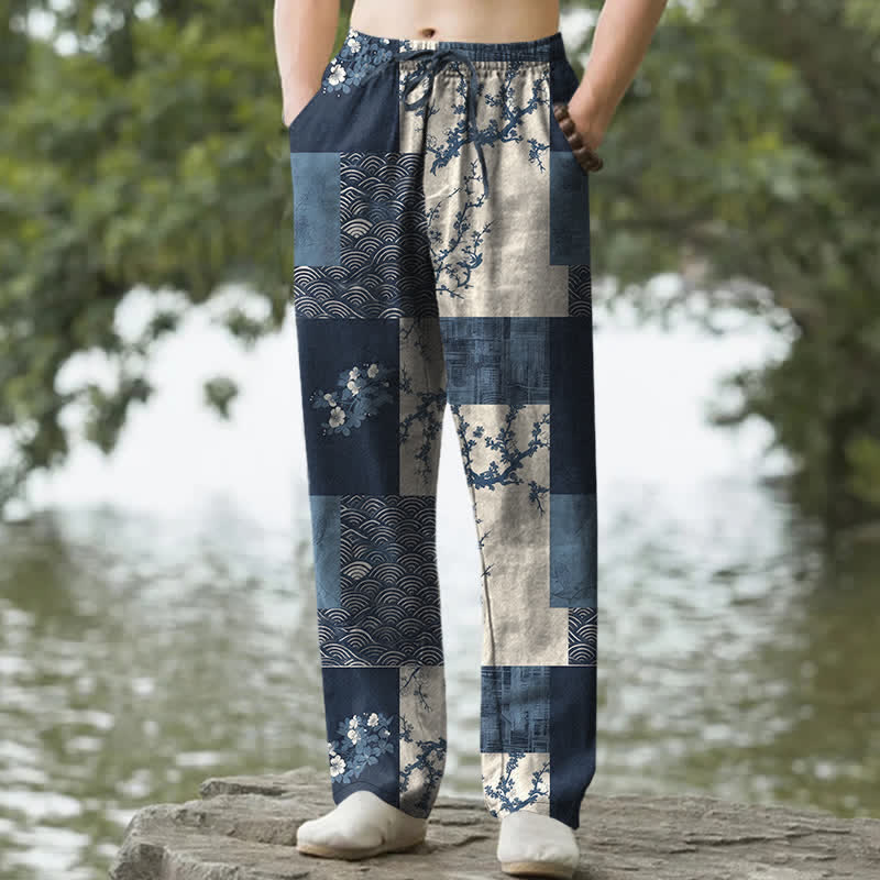 Buddha Stones Cotton Patchwork Wave Floral Pattern Men's Tapered Pants With Pockets - Navy - US/UK/AU50，EU60 (5XL) - image 0