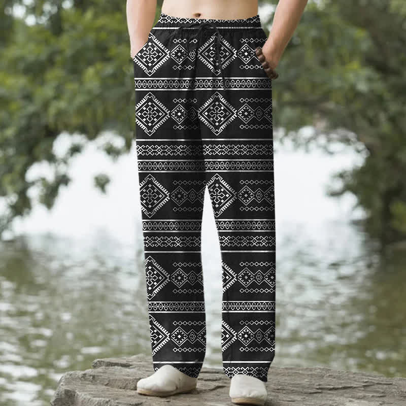 Buddha Stones Cotton Tribal Geometric Stripe Pattern Men's Tapered Pants With Pockets - Black - US/UK/AU50，EU60 (5XL) - image 0