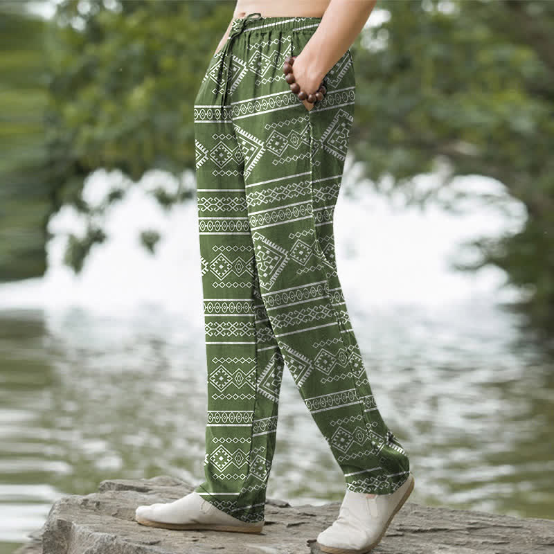 Buddha Stones Cotton Tribal Geometric Stripe Pattern Men's Tapered Pants With Pockets - image 7