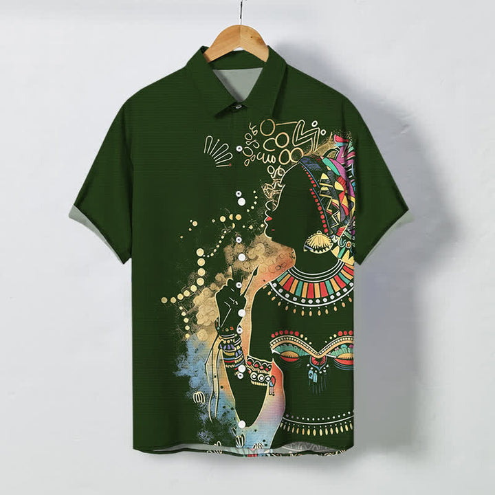 Buddha Stones Tribal Woman Silhouette Pattern Buttons Breathable Men's Short Sleeve Shirt - DarkGreen - US/UK/AU48，EU58 (4XL) - image 0