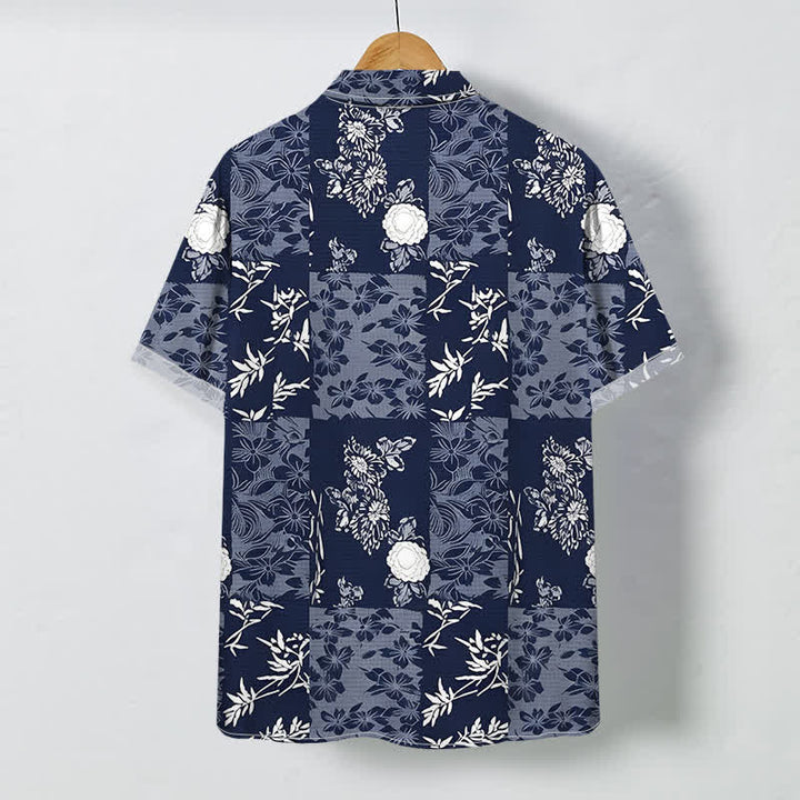 Buddha Stones Blue Plaid Floral Pattern Buttons Breathable Men's Short Sleeve Shirt - image 1