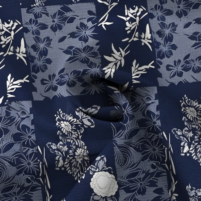 Buddha Stones Blue Plaid Floral Pattern Buttons Breathable Men's Short Sleeve Shirt - image 2