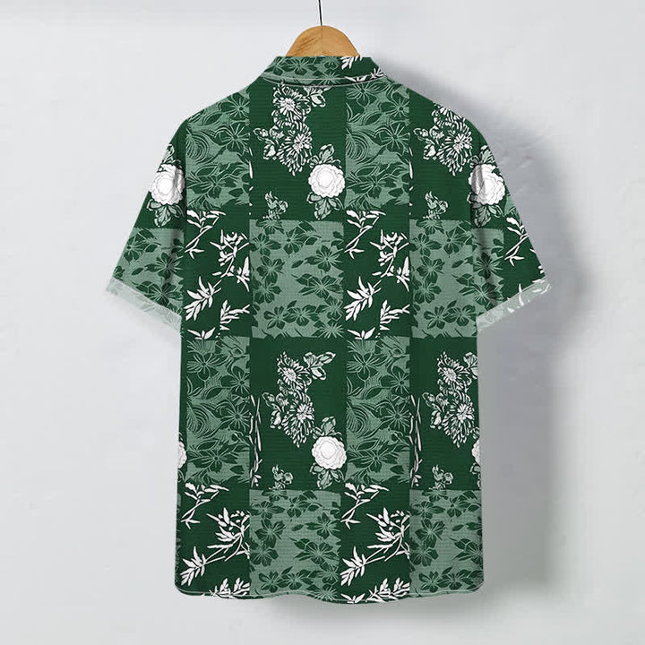 Buddha Stones Blue Plaid Floral Pattern Buttons Breathable Men's Short Sleeve Shirt - image 7