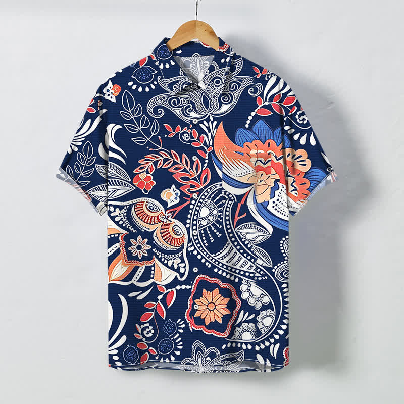 Buddha Stones Vintage Floral Paisley Pattern Buttons Breathable Men's Short Sleeve Shirt - Navy - US/UK/AU48，EU58 (4XL) - image 3