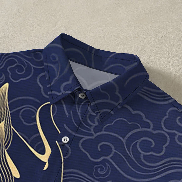 Buddha Stones Golden Dragon Cloud Pattern Buttons Wrinkle-resistant Men's Short Sleeve Shirt - image 2
