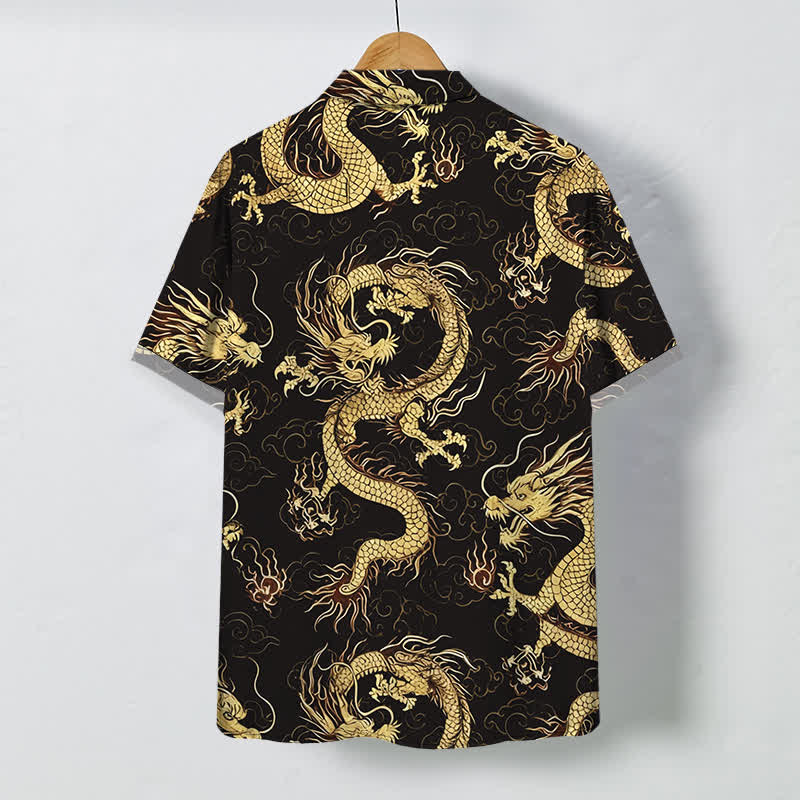Buddha Stones Golden Dragon Cloud Pattern Buttons Wrinkle-resistant Men's Short Sleeve Shirt - image 1
