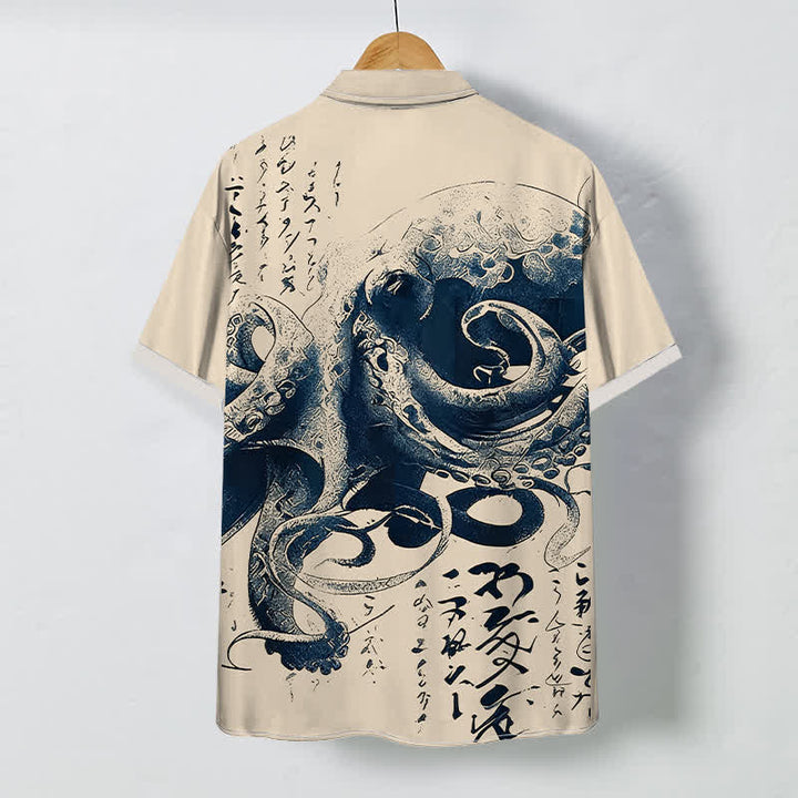 Buddha Stones Japanese Octopus Calligraphy Pattern Buttons Wrinkle-resistant Men's Short Sleeve Shirt - image 1