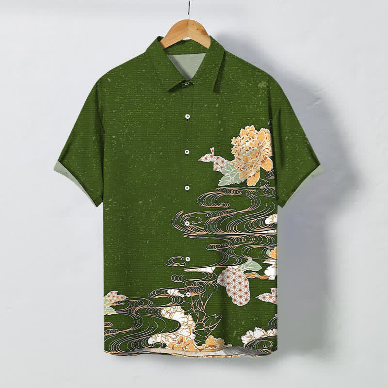 Buddha Stones Lotus Wave Cloud Pattern Buttons Breathable Men's Short Sleeve Shirt - DarkOliveGreen - US/UK/AU48，EU58 (4XL) - image 5