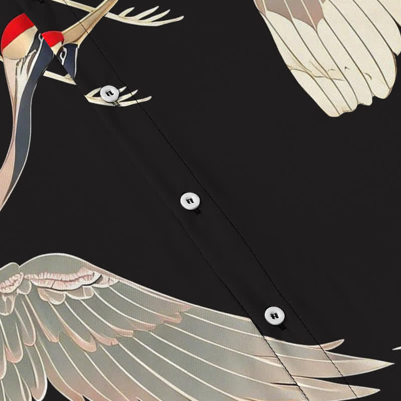 Buddha Stones Flying Red-crowned Crane Pattern Buttons Wrinkle-resistant Men's Short Sleeve Shirt - image 3