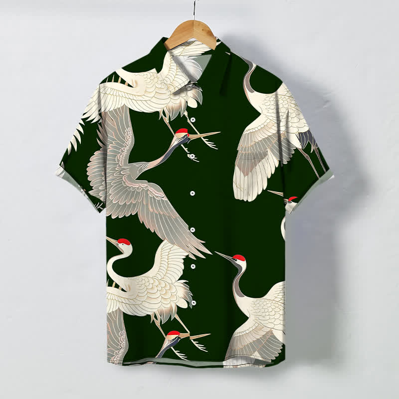 Buddha Stones Flying Red-crowned Crane Pattern Buttons Wrinkle-resistant Men's Short Sleeve Shirt - DarkGreen - US/UK/AU48，EU58 (4XL) - image 5