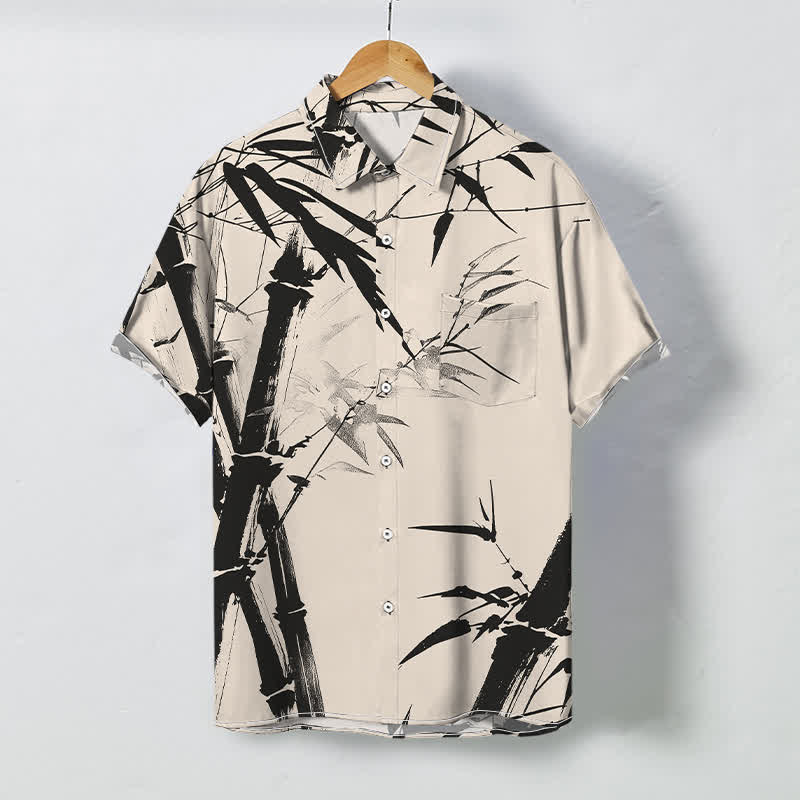 Buddha Stones Ink Bamboo Pattern Buttons Wrinkle-resistant Men's Short Sleeve Shirt - Ivory - US/UK/AU48，EU58 (4XL) - image 0