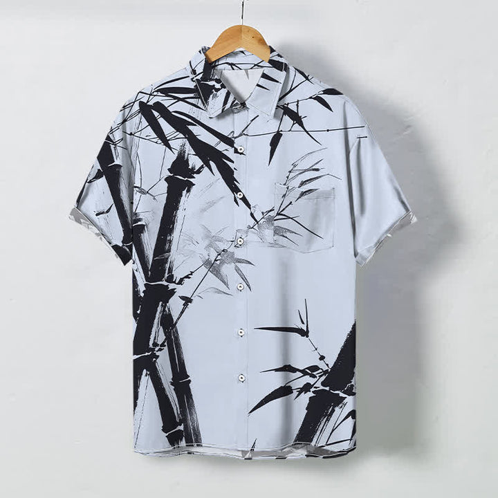 Buddha Stones Ink Bamboo Pattern Buttons Wrinkle-resistant Men's Short Sleeve Shirt - LightBlue - US/UK/AU48，EU58 (4XL) - image 6