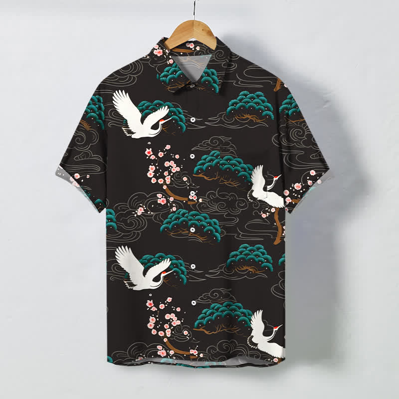 Buddha Stones Crane Pine Blossom Cloud Pattern Buttons Breathable Men's Short Sleeve Shirt - SaddleBrown - US/UK/AU48，EU58 (4XL) - image 0