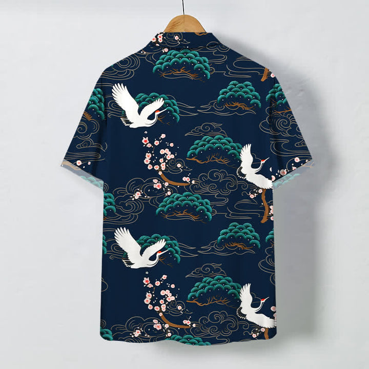 Buddha Stones Crane Pine Blossom Cloud Pattern Buttons Breathable Men's Short Sleeve Shirt - image 11