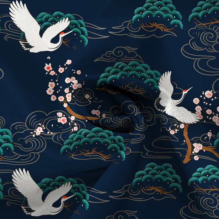Buddha Stones Crane Pine Blossom Cloud Pattern Buttons Breathable Men's Short Sleeve Shirt - image 14