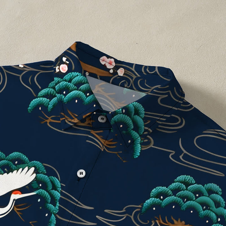 Buddha Stones Crane Pine Blossom Cloud Pattern Buttons Breathable Men's Short Sleeve Shirt - image 12