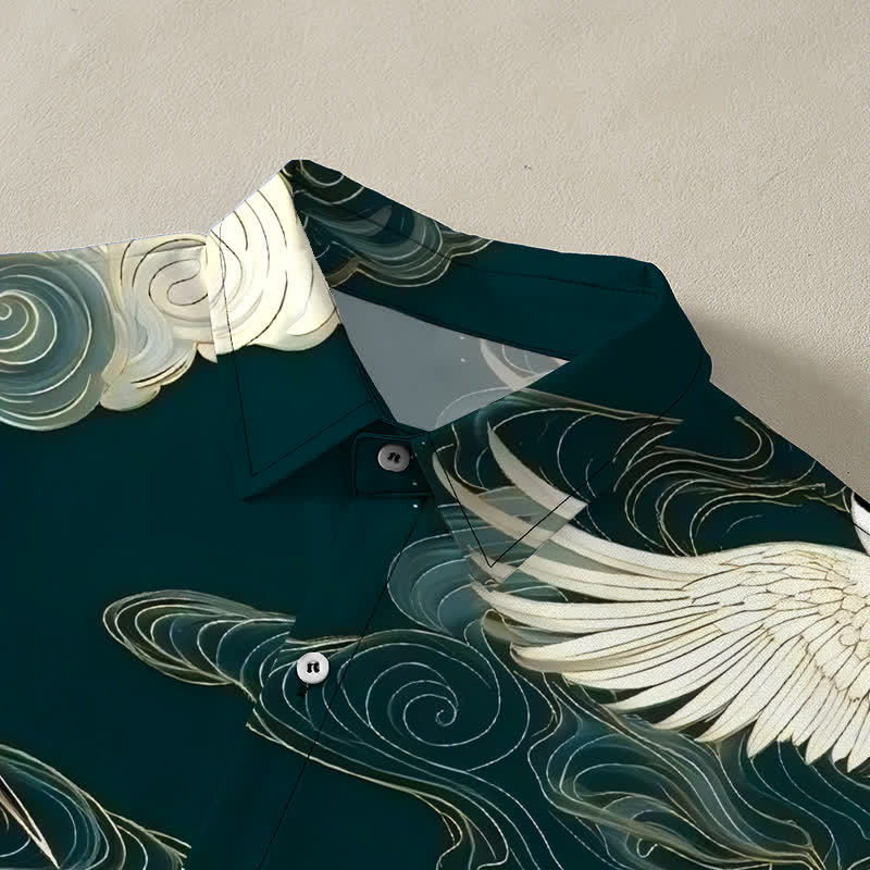 Buddha Stones Flying Red-crowned Crane Auspicious Clouds Pattern Buttons Wrinkle-resistant Men's Short Sleeve Shirt - image 2