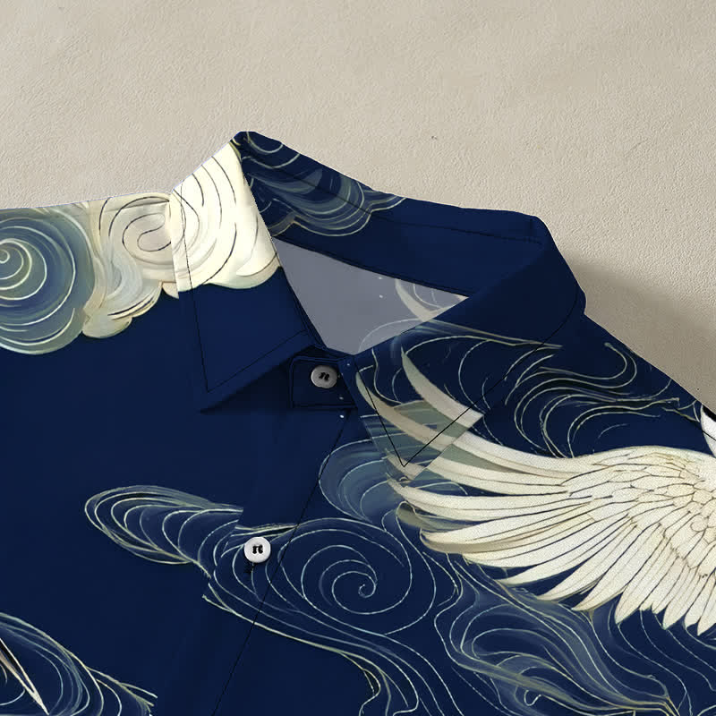 Buddha Stones Flying Red-crowned Crane Auspicious Clouds Pattern Buttons Wrinkle-resistant Men's Short Sleeve Shirt - image 12