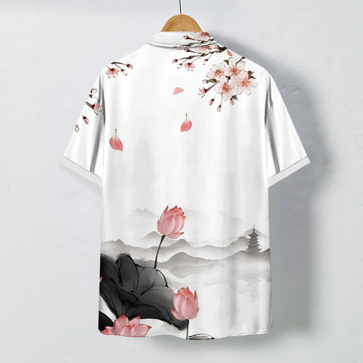 Buddha Stones Lotus Mountain Pagoda Pattern Buttons Wrinkle-resistant Men's Short Sleeve Shirt - image 1