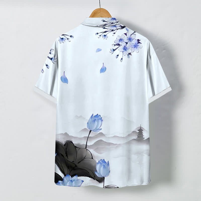 Buddha Stones Lotus Mountain Pagoda Pattern Buttons Wrinkle-resistant Men's Short Sleeve Shirt - image 7