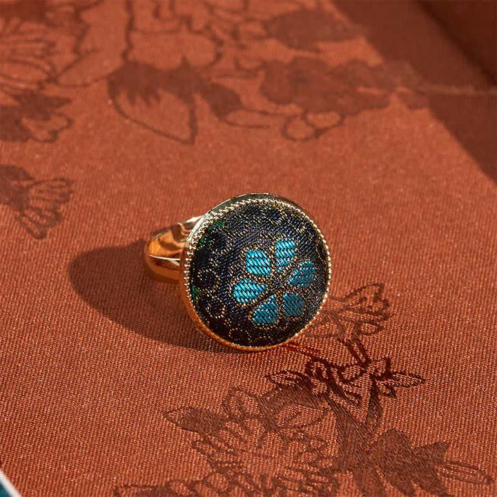 Buddha Stones Handmade Song Brocade Floral Pattern Blessing Adjustable Round Ring - image 1