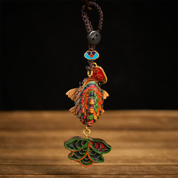 Buddha Stones Hand-carved Rainbow Eucalyptus Colorful Koi Fish Wealth Charm Keychains - image 1