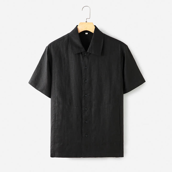 Buddha Stones Summer Minimalist Button-Up Solid Cotton Linen Men's Short Sleeve Shirts With Pocket - Black - US/UK/AU40，EU50 (2XL) - image 0