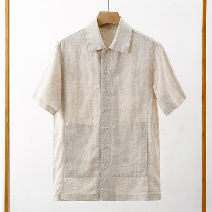Buddha Stones Summer Minimalist Button-Up Solid Cotton Linen Men's Short Sleeve Shirts With Pocket - image 3