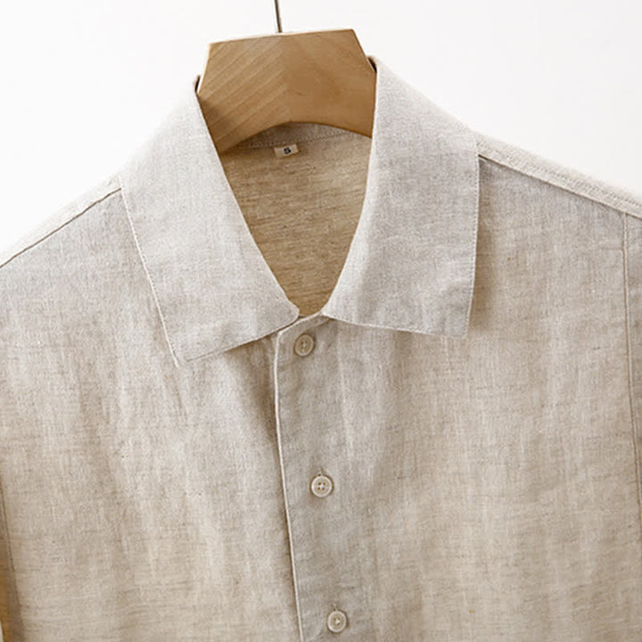 Buddha Stones Summer Minimalist Button-Up Solid Cotton Linen Men's Short Sleeve Shirts With Pocket - image 7