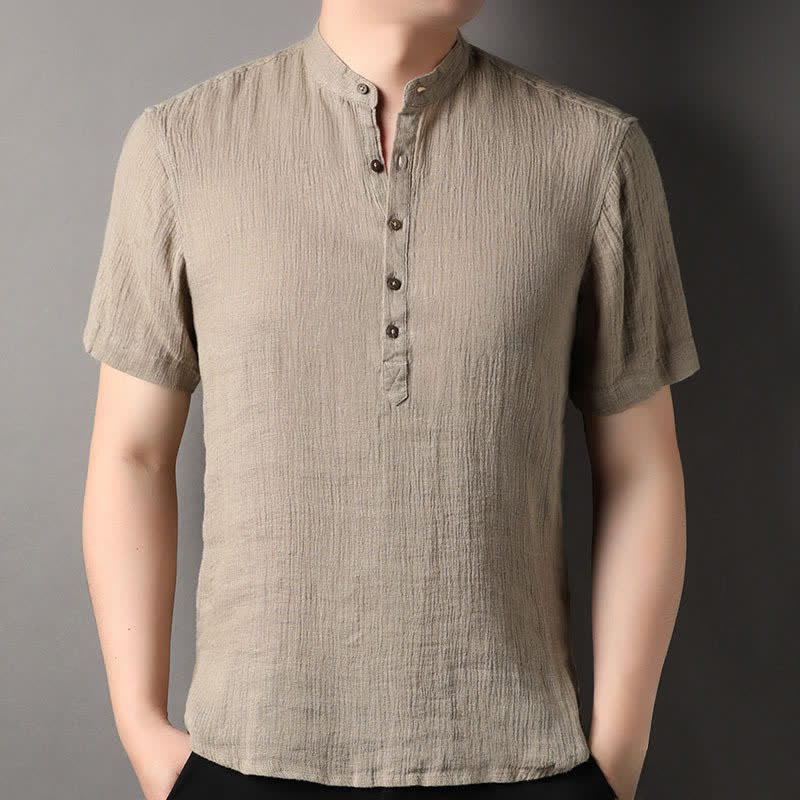 Buddha Stones Summer Casual Tang Style Mandarin Collar Solid Linen Men's Short Sleeve Shirts - Tan - US/UK/AU44，EU54 (4XL) - image 0