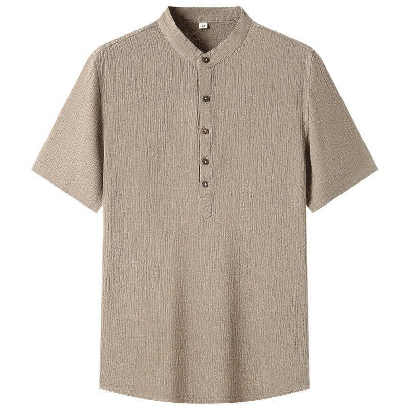 Buddha Stones Summer Casual Tang Style Mandarin Collar Solid Linen Men's Short Sleeve Shirts - image 5