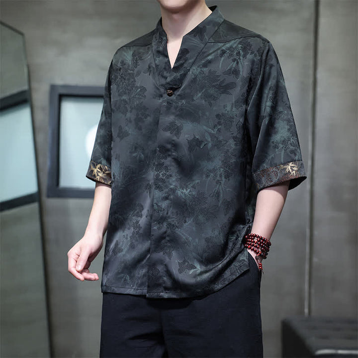 Buddha Stones Spring Summer Tang Style Casual Mandarin Collar Bamboo Butterfly Men's Short Sleeve Shirts - DarkSeaGreen - US/UK/AU46，EU56 (5XL) - image 13