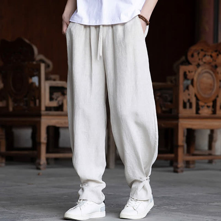 Buddha Stones Summer Casual Vintage Drawstring Elastic Waist Solid Ankle Pants Men's Tapered Pants - image 6