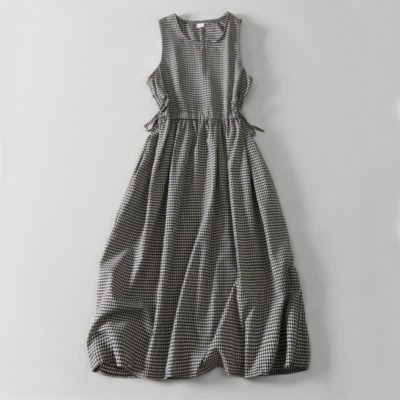 Buddha Stones Summer Vintage Drawstring Plaid Cotton Women's Summer Sleeveless Dress With Pockets - Black - US16，UK/AU20，EU48 (3XL) - image 0