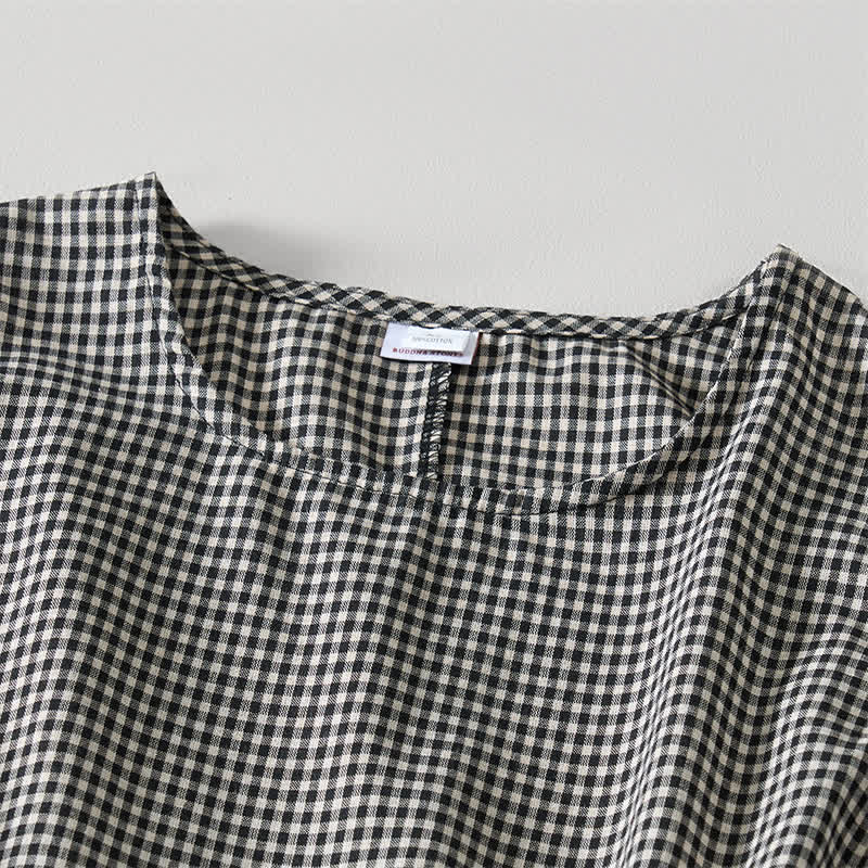 Buddha Stones Summer Vintage Drawstring Plaid Cotton Women's Summer Sleeveless Dress With Pockets - image 2