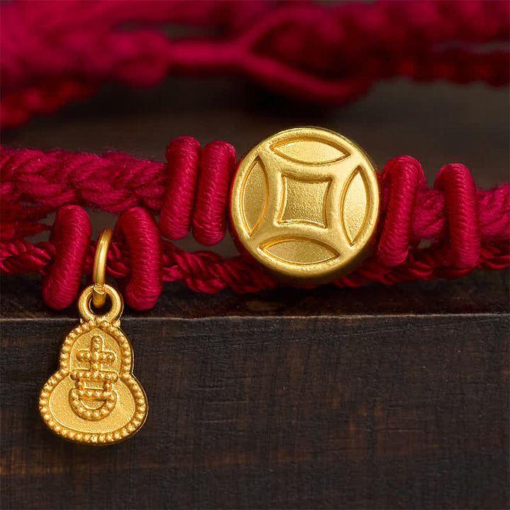 Buddha Stones Alloy Chinese Coin Gourd Pendant Wealth Double-Strand Red String Bracelet - image 3