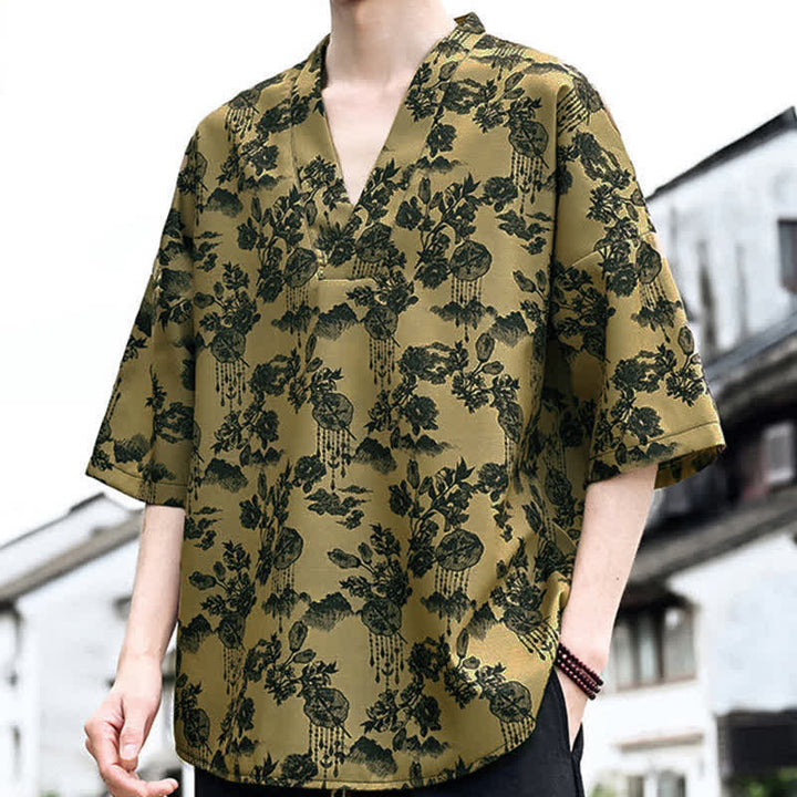 Buddha Stones Summer Casual Tang Style Floral V-Neck Men's Short Sleeve T-Shirts - image 14