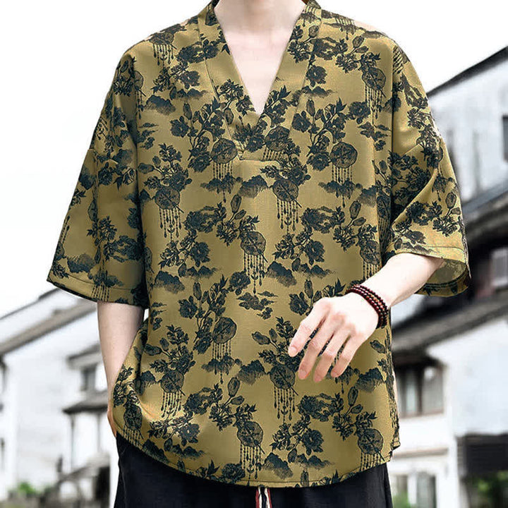 Buddha Stones Summer Casual Tang Style Floral V-Neck Men's Short Sleeve T-Shirts - image 12