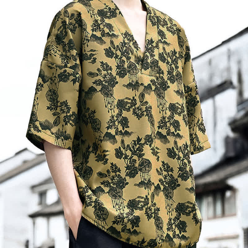 Buddha Stones Summer Casual Tang Style Floral V-Neck Men's Short Sleeve T-Shirts - image 16
