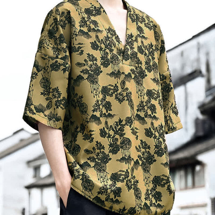 Buddha Stones Summer Casual Tang Style Floral V-Neck Men's Short Sleeve T-Shirts - image 16