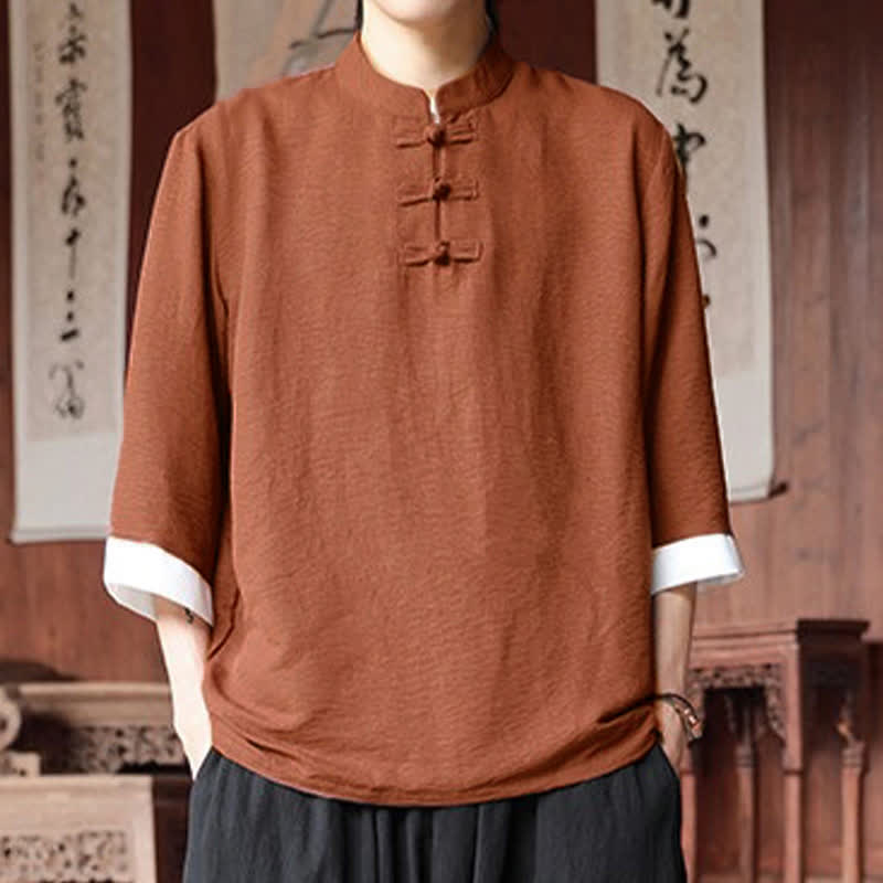 Buddha Stones Summer Tang Style Vintage Mandarin Collar Frog Button Solid Men's Elbow-Length Sleeve Shirts - image 22