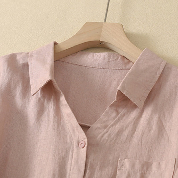 Buddha Stones Summer Casual Minimalist Button-Up Solid Women's Short Sleeve Shirts With Pocket - image 11
