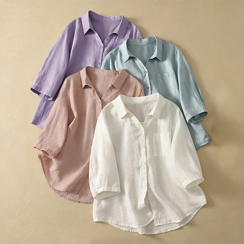 Buddha Stones Summer Casual Minimalist Button-Up Solid Women's Short Sleeve Shirts With Pocket - image 25