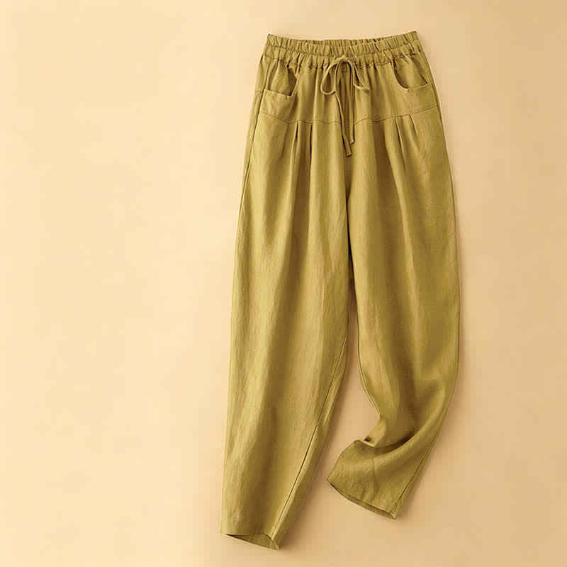 Buddha Stones Summer Casual Minimalist Drawstring Solid Ankle Pants Women's Harem Pants With Pocket - Khaki - US8-10, UK/AU12-14, EU40-42 (2XL) - image 6