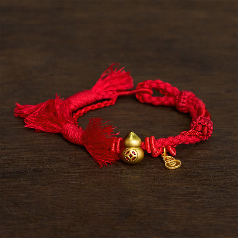 Buddha Stones Alloy Gourd Shaped Chinese Coin Gourd Pendant Wealth Double-Strand Red String Bracelet - red - image 4