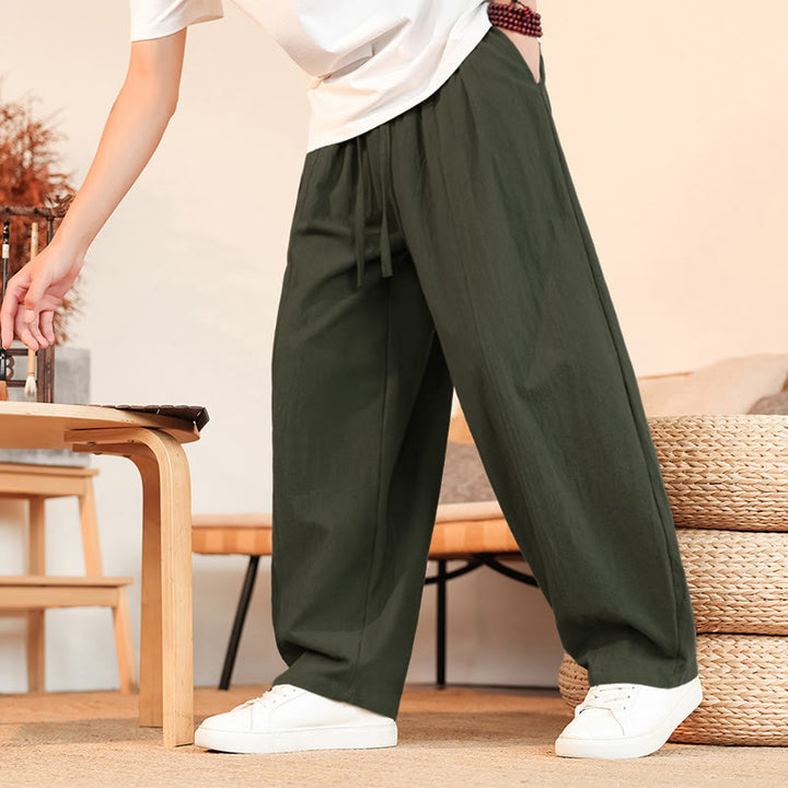 Buddha Stones Summer Casual Minimalist Drawstring Solid Cotton Ankle Pants Men's Straight Leg Pants With Pocket - image 7