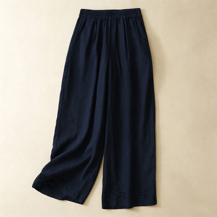 Buddha Stones Summer Casual Hollow Embroidery Hem Solid Ankle Pants Women's Harem Pants With Pocket - Navy - US8-10, UK/AU12-14, EU40-42 (2XL) - image 3